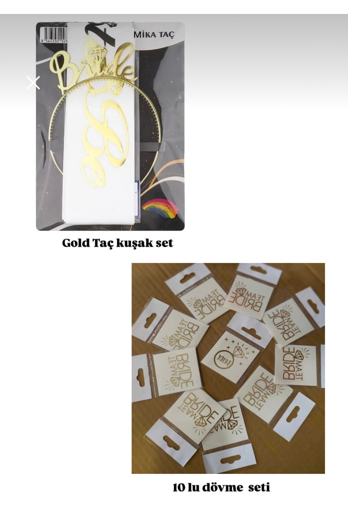 Gold Bride Taç, Kuşak Ve 10lu Dövme Seti Bride To Be Bekarlığa Veda Partisi Seti
