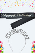 Happy Birthday Yazılı Kuşak Ve Its My Birthday Yazılı Taşlı Taç & Siyah Gümüş Kuşak Taşlı Gümüş Taç