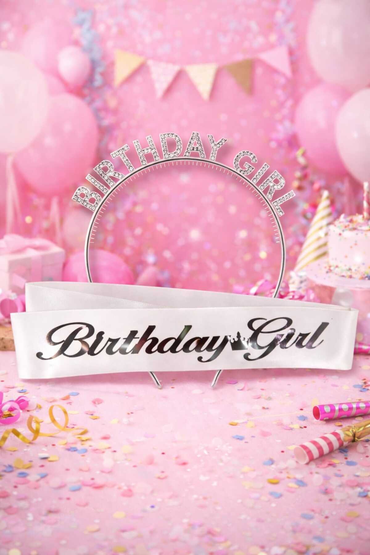 Birthday Girl Yazılı Kuşak Ve Birthday Girl Yazılı Plastik Taç & Beyaz Gümüş Kuşak Gümüş Taç