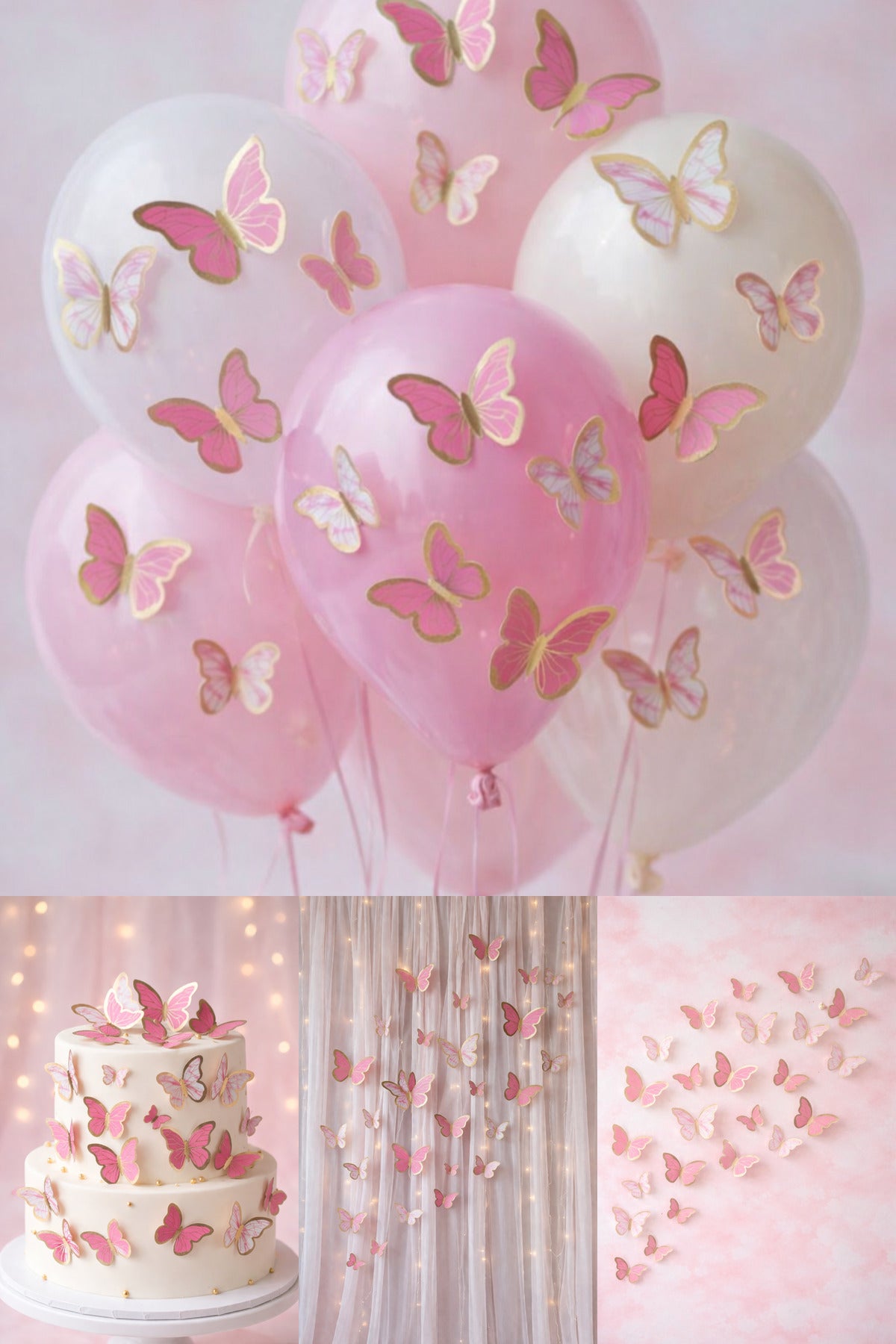 63 Adet Pembe Altın Yaldızlı Kelebek Pasta Balon ve Duvar Sticker Yapışkanlı Doğum Günü Süsleme
