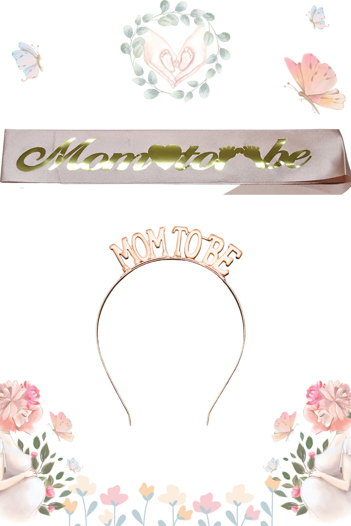 Mom To Be Metal Taç Ve Kuşak & Baby Shower Set & Pembe Altın Kuşak Rose Taç