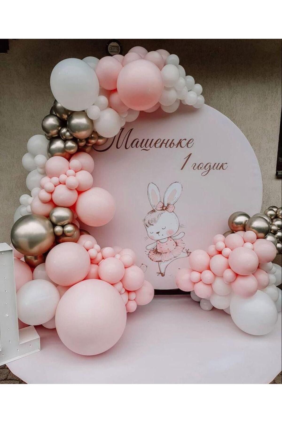 Parti Setim^^ White Gold Krom* Macaron Pembe* Beyaz 100'lü Balon Seti