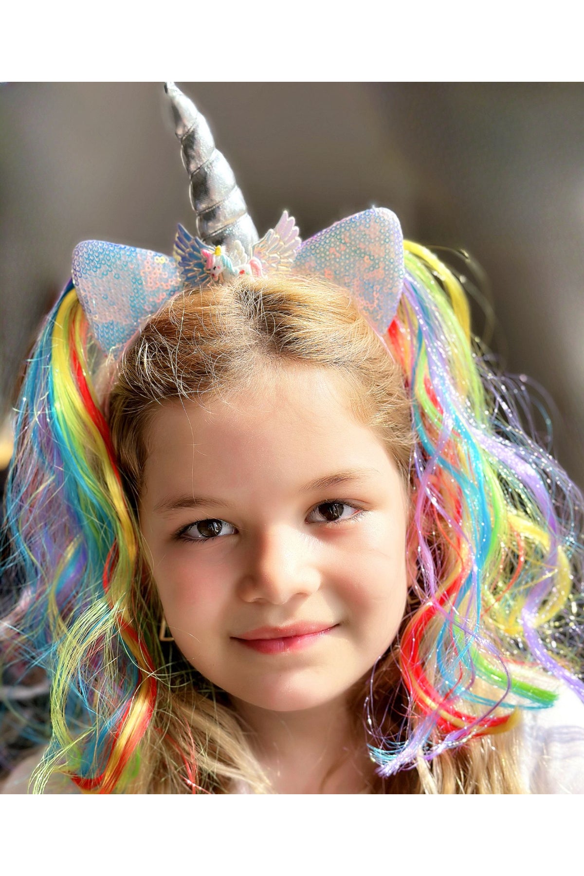 bebek takma renkli postiş saçlı Unicorn boynuzlu parlak kulaklı çocuk tacı parti doğum günü no3