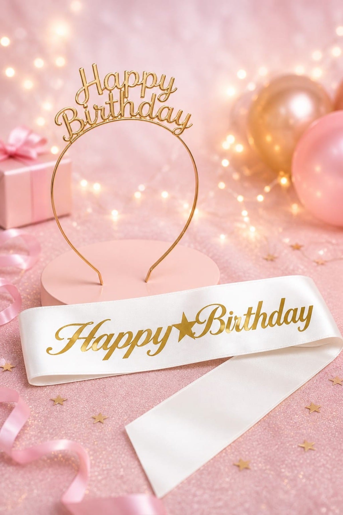 Happy Birthday Yazılı Metal Taç Ve Kuşak & Beyaz Altın Kuşak Altın Taç