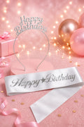 Happy Birthday Yazılı Metal Taç Ve Kuşak & Beyaz Gümüş Kuşak Gümüş Taç