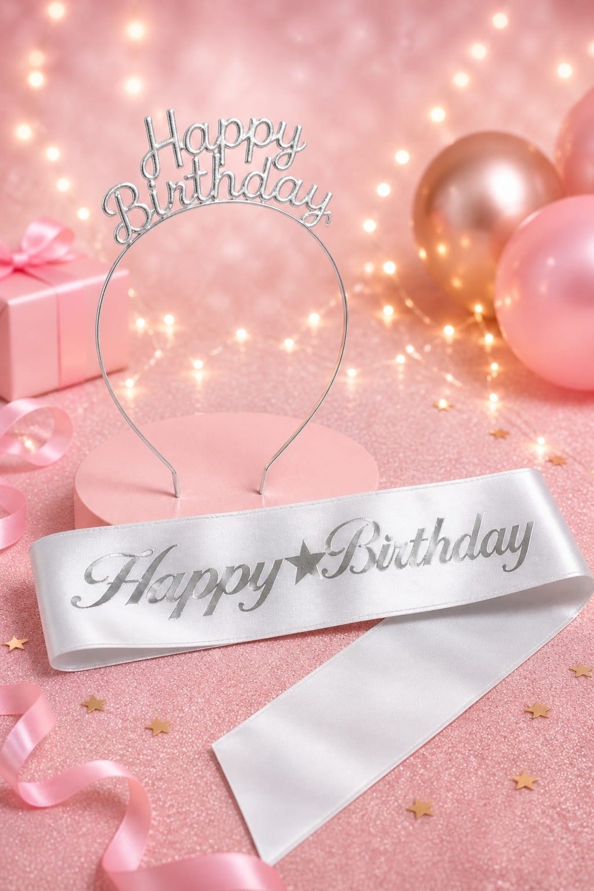 Happy Birthday Yazılı Metal Taç Ve Kuşak & Beyaz Gümüş Kuşak Gümüş Taç