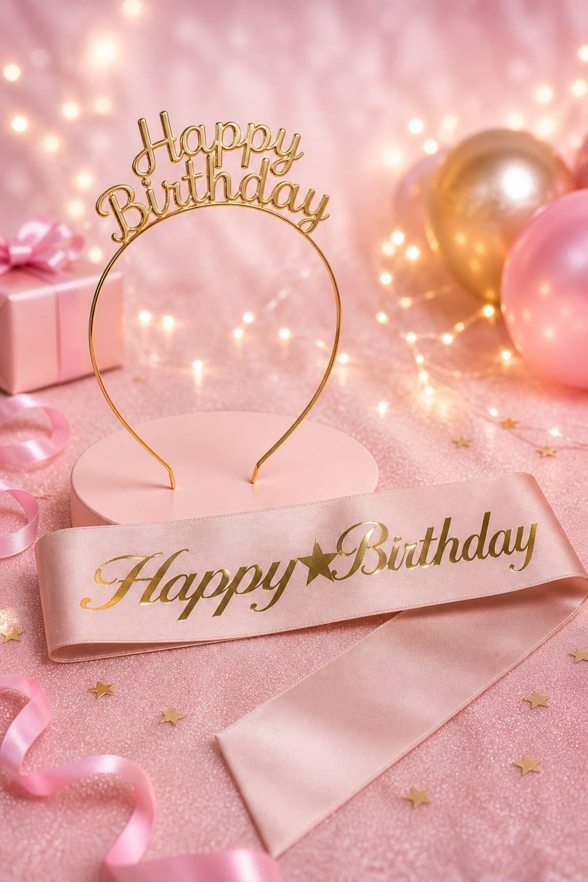 Happy Birthday Yazılı Metal Taç Ve Kuşak & Pembe Altın Kuşak Altın Taç
