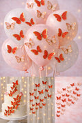 63 Adet 4-5 Cm Kırmızı Altın Yaldızlı Kelebek Pasta Balon ve Duvar Sticker Yapışkanlı Doğum Günü Süs
