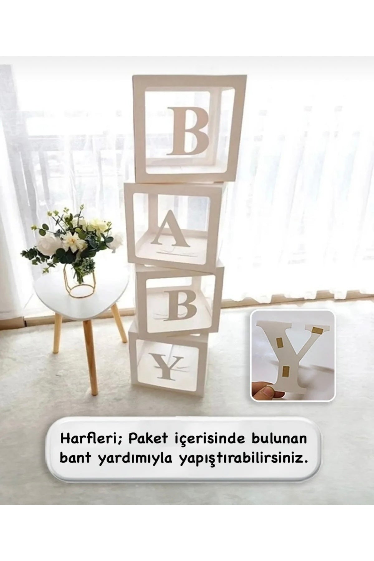 BABY Yazılı Beyaz Şeffaf Balon Kutusu 25x25cm Yapışkanlı Harfli