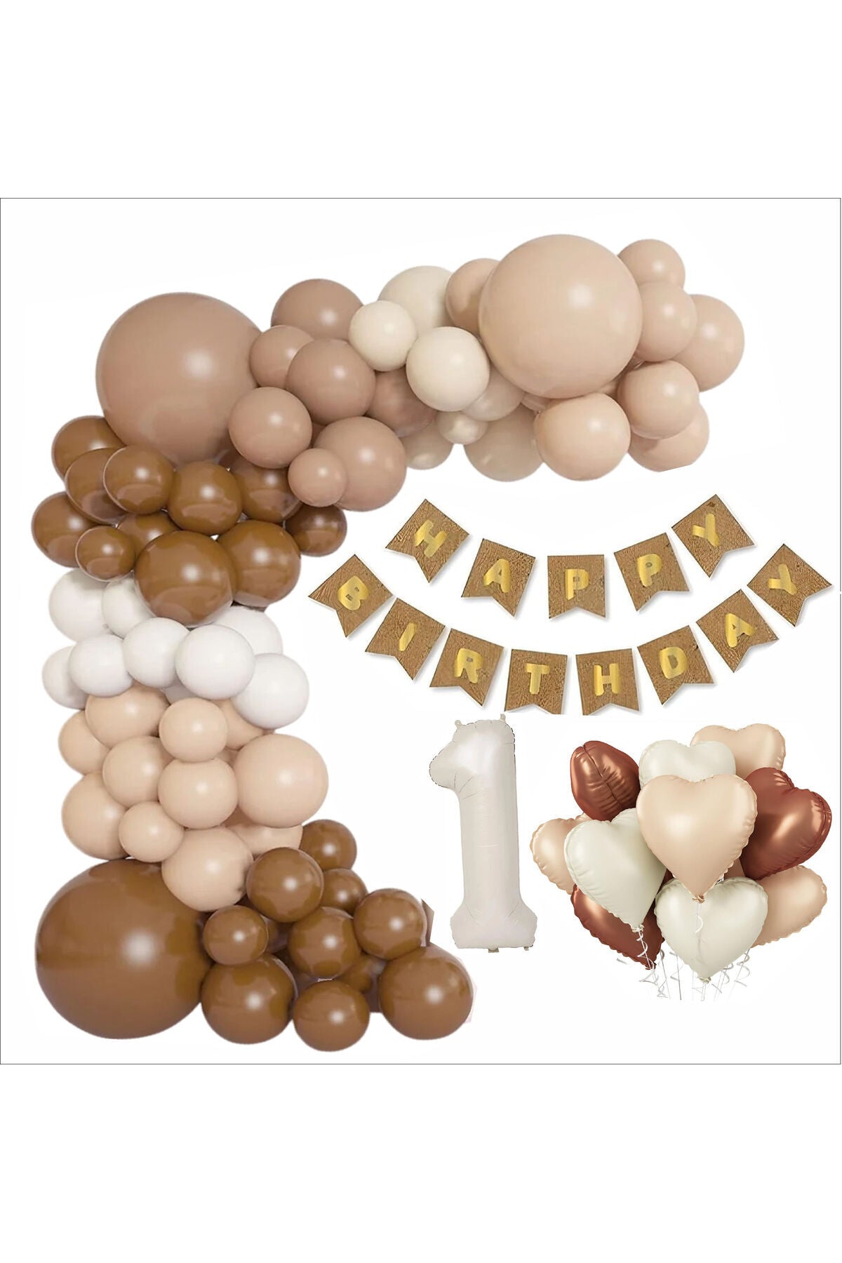 KRAFT GOLD BANNER 1 YAŞ FOLYO KALPLİ 30 BALON KONSEPT DOĞUM GÜNÜ SETİ