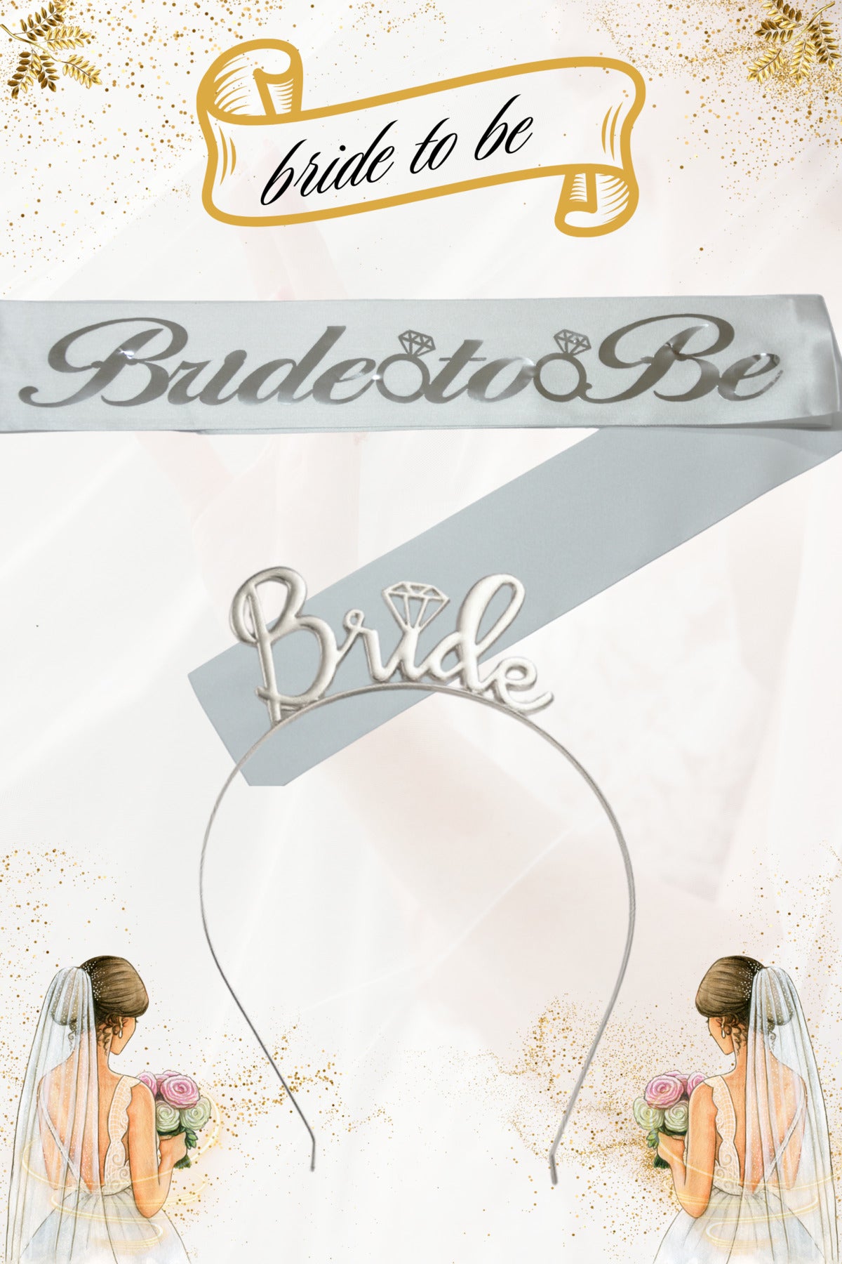 Bride To Be Metal Taç ve Kuşak Seti & Bekarlığa Veda Partisi & Beyaz Gümüş Kuşak Gümüş Taç