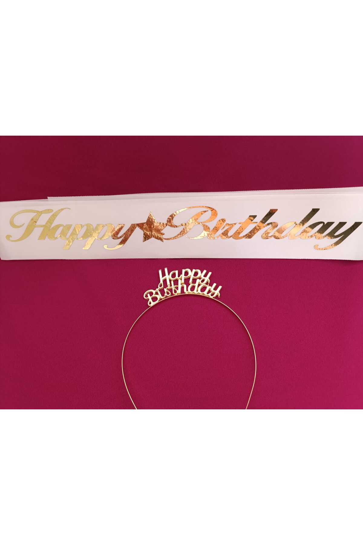 happy bırthday kusaklı metal gold parti tacı