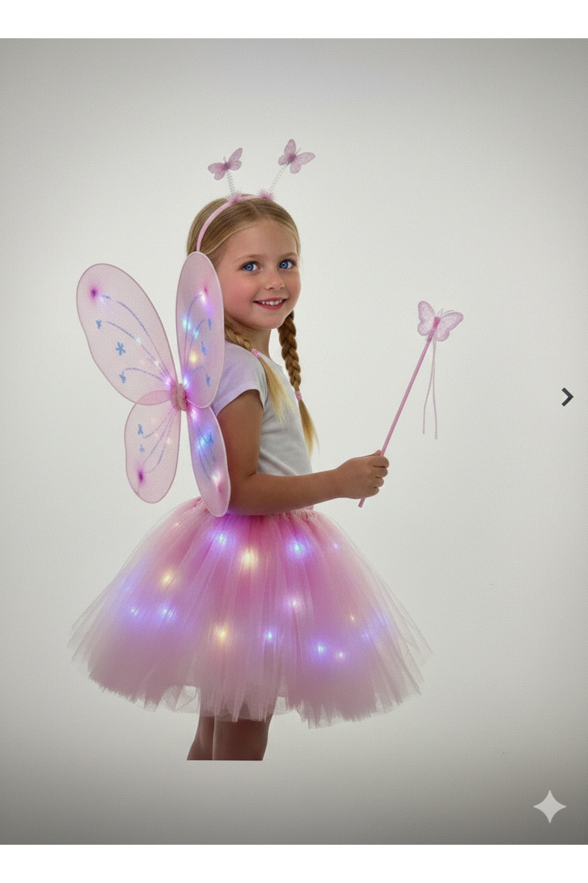 LED Işıklı Kelebekli Çocuk Kostümü - 4 Parça PEMBE