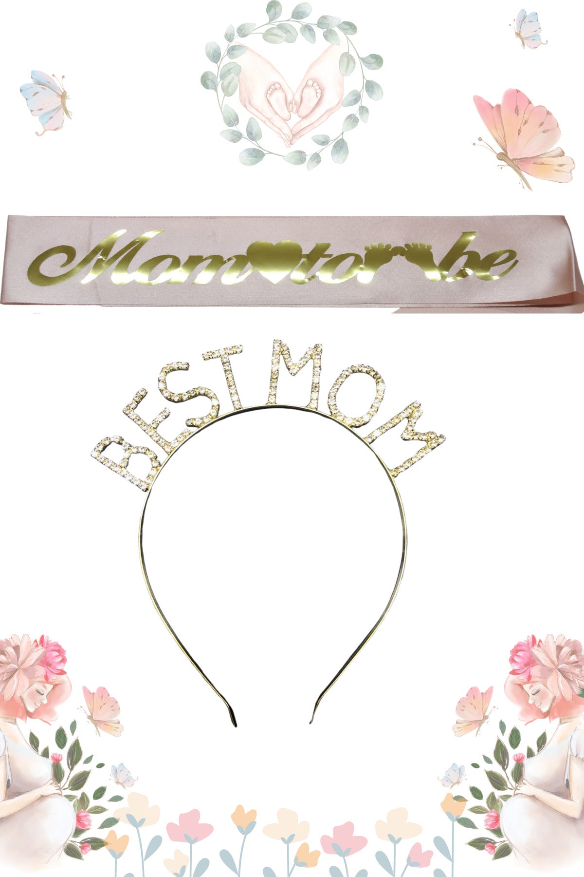 Mom To Be Kuşak Ve Best Mom Metal Taç & Baby Shower Set & Pembe Altın Kuşak Altın Taç