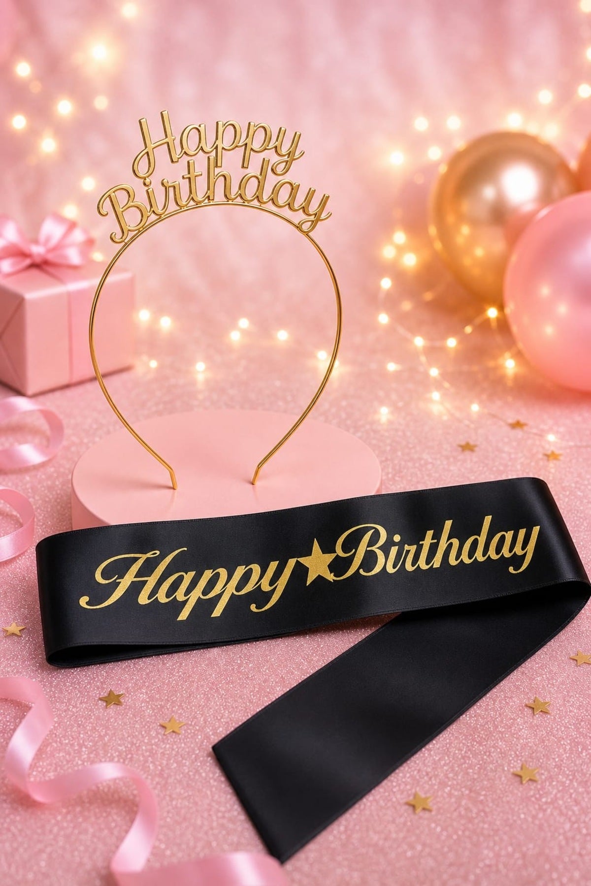 Happy Birthday Yazılı Metal Taç Ve Kuşak & Siyah Altın Kuşak Altın Taç