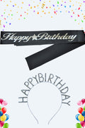 Happy Birthday Yazılı Kuşak Ve Taşlı Taç & Siyah Gümüş Kuşak Taşlı Gümüş Taç