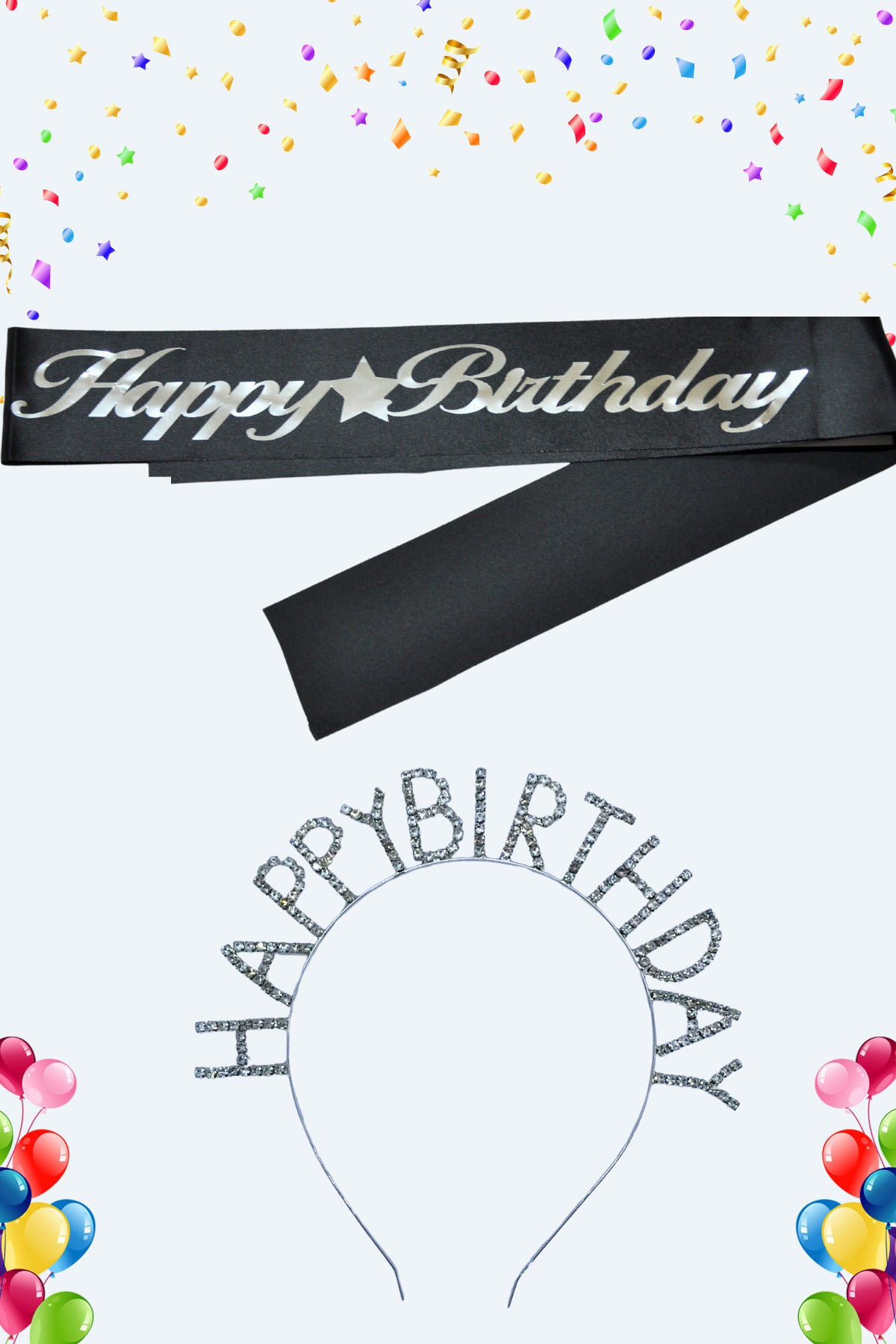 Happy Birthday Yazılı Kuşak Ve Taşlı Taç & Siyah Gümüş Kuşak Taşlı Gümüş Taç