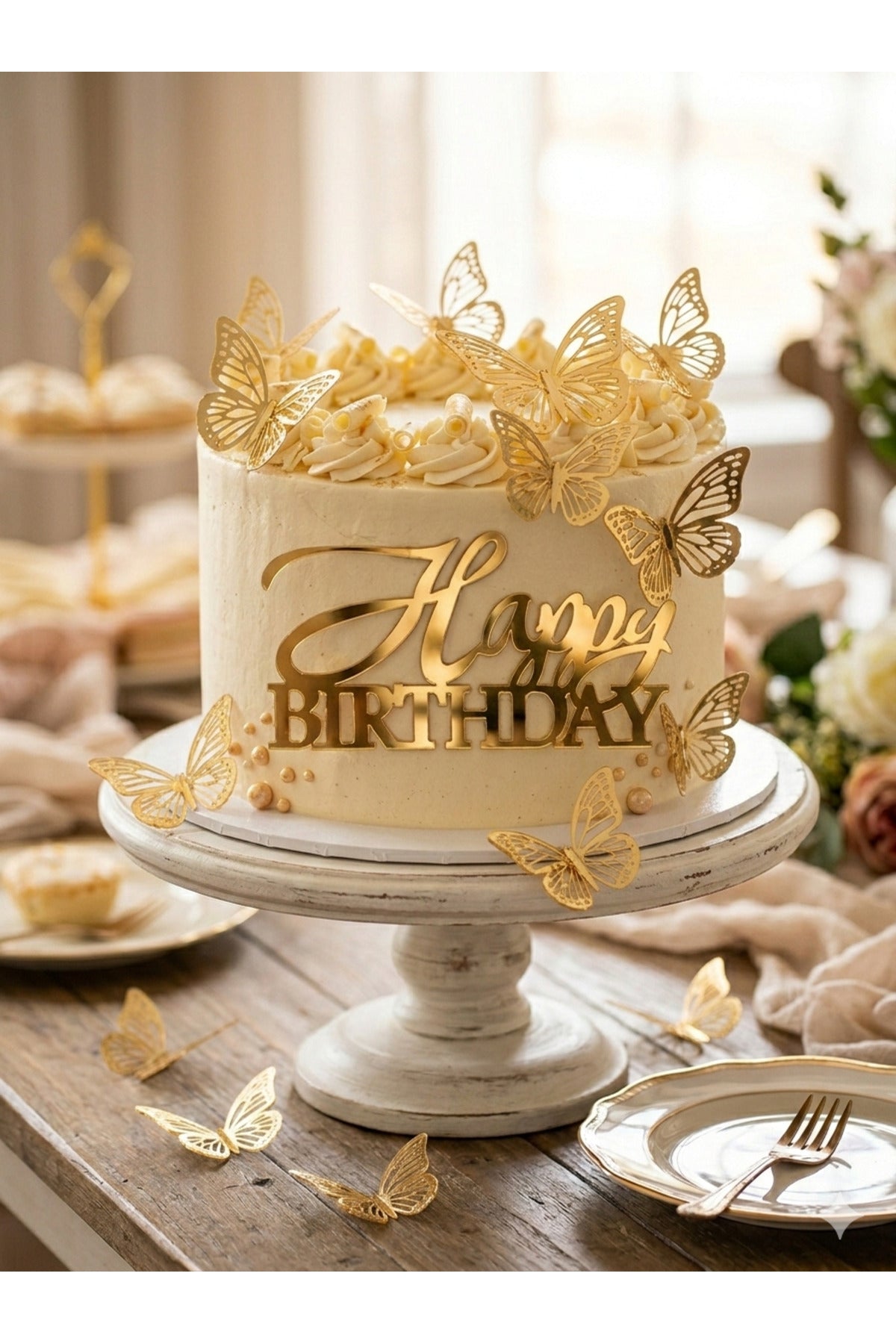 HAPPY BİRTHDAY İMZA PASTA YAZISI VE KELEBEK PASTA SÜSÜ