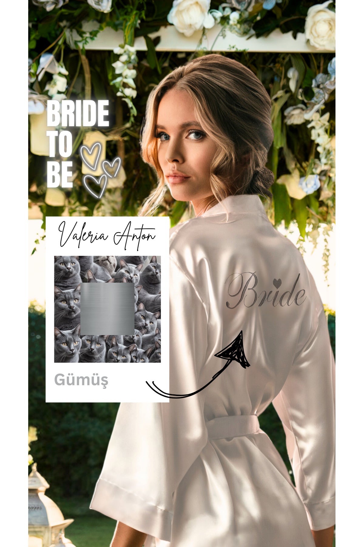 Bride Sabahlık Kalpli Nakışlı Gelin Sabahlığı