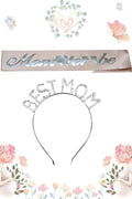 Mom To Be Kuşak Ve Best Mom Metal Taç & Baby Shower Set & Pembe Gümüş Kuşak Gümüş Taç