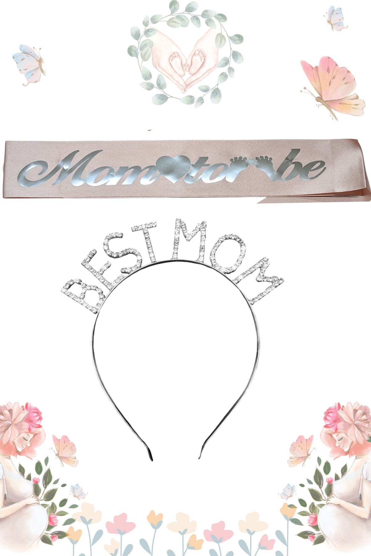 Mom To Be Kuşak Ve Best Mom Metal Taç & Baby Shower Set & Pembe Gümüş Kuşak Gümüş Taç