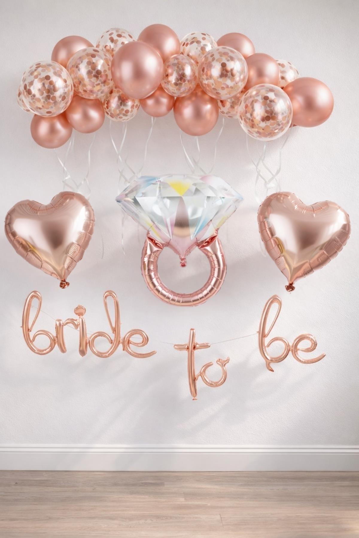 Bride To Be El Yazısı, Tek Taş Yüzük Ve Kalp Folyo Balonlu Rose Gold Set