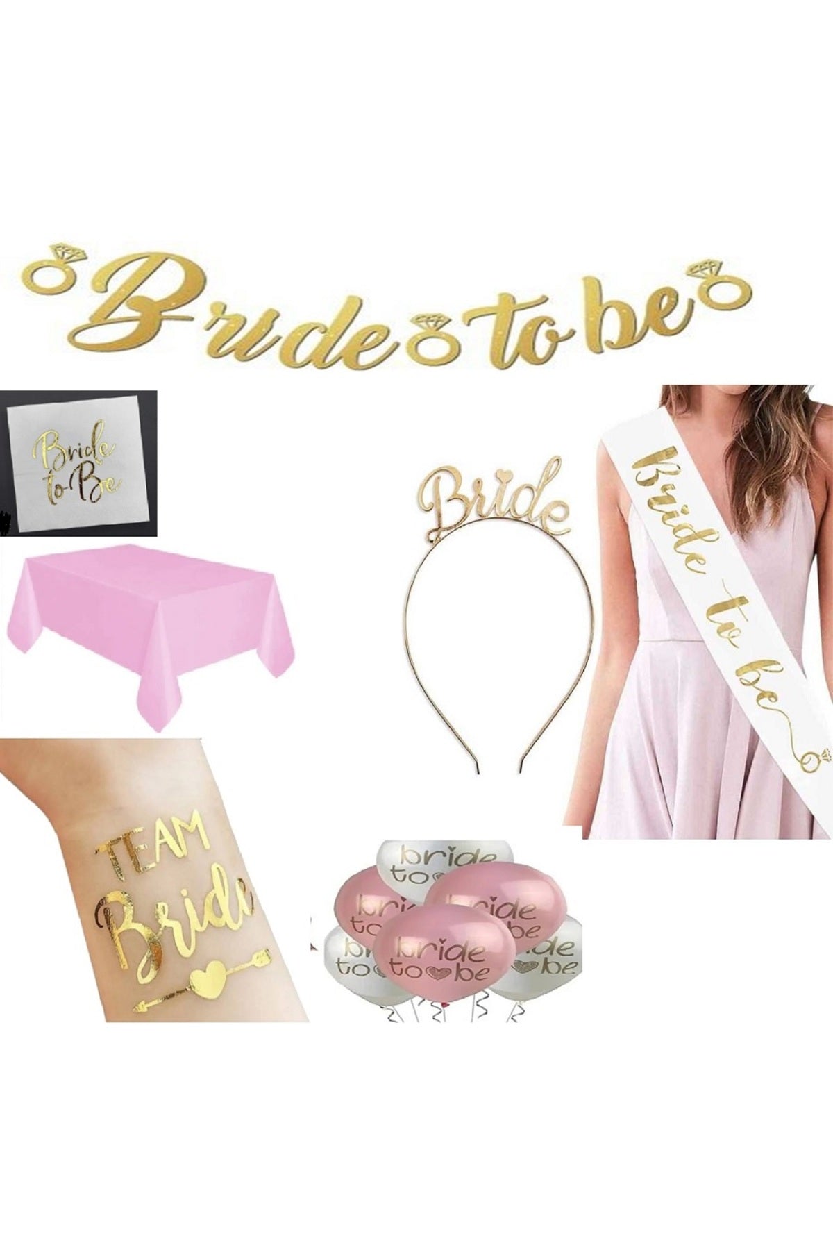 Bride To Be Parti Seti Bride Taç Kuşak Dövme Masa Örtüsü Peçete Bride Yazı ve Balon