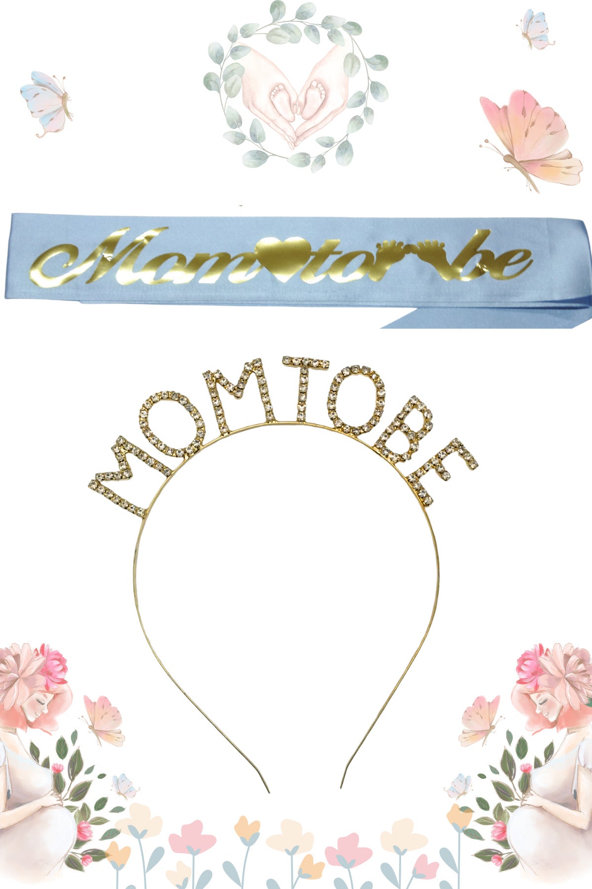 Mom To Be Metal Taç Ve Kuşak & Baby Shower Set & Mavi Altın Kuşak Taşlı Altın Taç