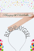 Happy Birthday Yazılı Kuşak Ve Birthday Girl Yazılı  Taşlı Taç & Pembe Gümüş Kuşak Taşlı Gümüş Taç