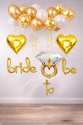 Bride To Be El Yazısı, Tek Taş Yüzük Ve Kalp Folyo Balonlu Gold Bride To Be Set