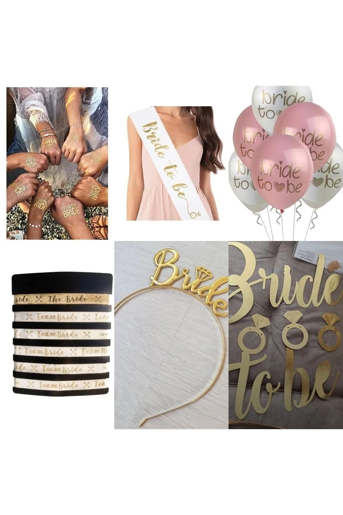Bride To Be 18 Parça 5 Geçici Dövme-5 Bileklik-1 Gold Metal Taç- 1 Kuşak- 5 Balon- Bekarlığa Vedaset