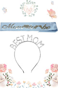 Mom To Be Kuşak Ve Best Mom Metal Taç & Baby Shower Set ve Mavi Gümüş Kuşak Gümüş Taç