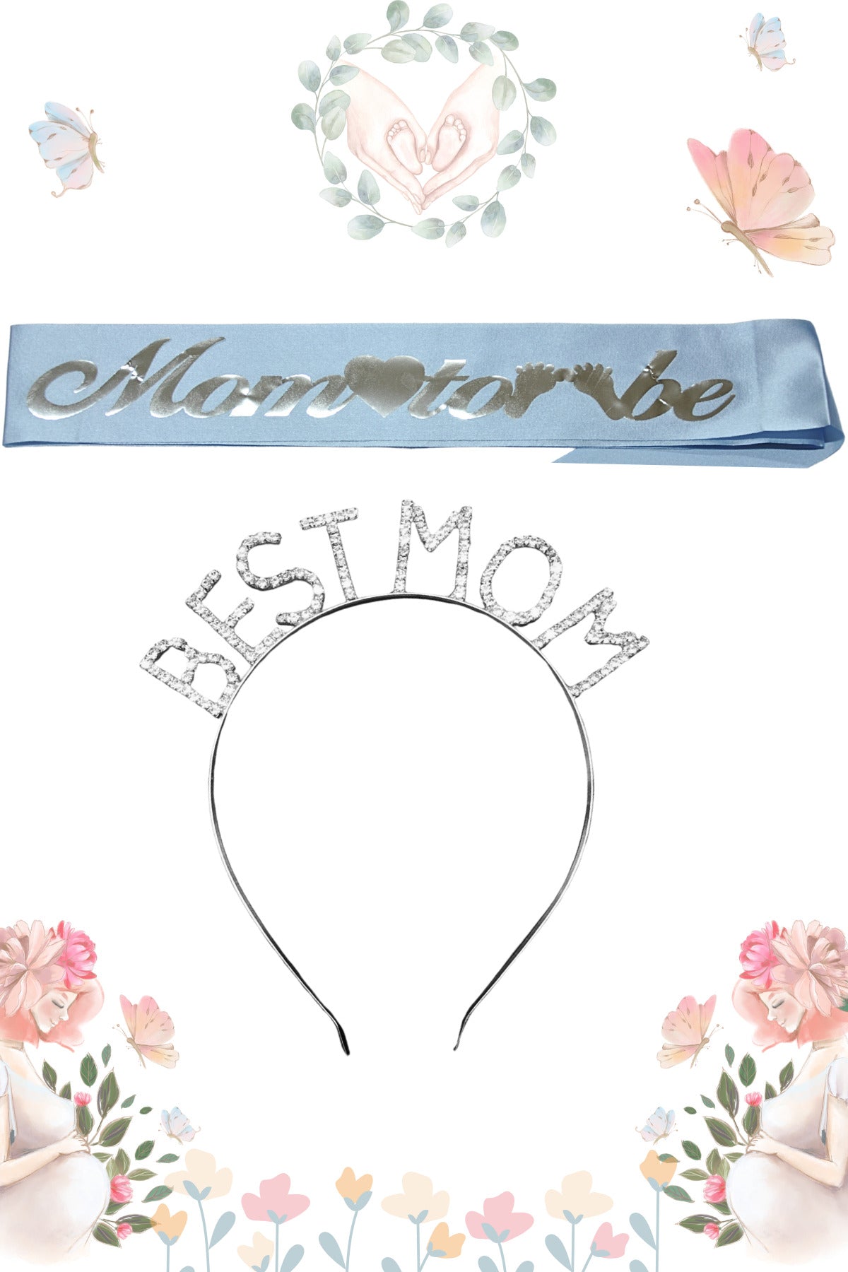Mom To Be Kuşak Ve Best Mom Metal Taç & Baby Shower Set ve Mavi Gümüş Kuşak Gümüş Taç