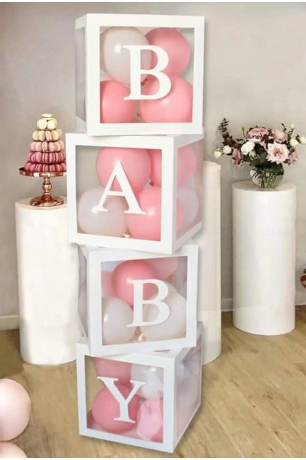 Doğumgünü Hastane Odası Süsleme Baby Yazılı Pembe Beyaz Balonlu Şeffaf Balon Kutusu BABY