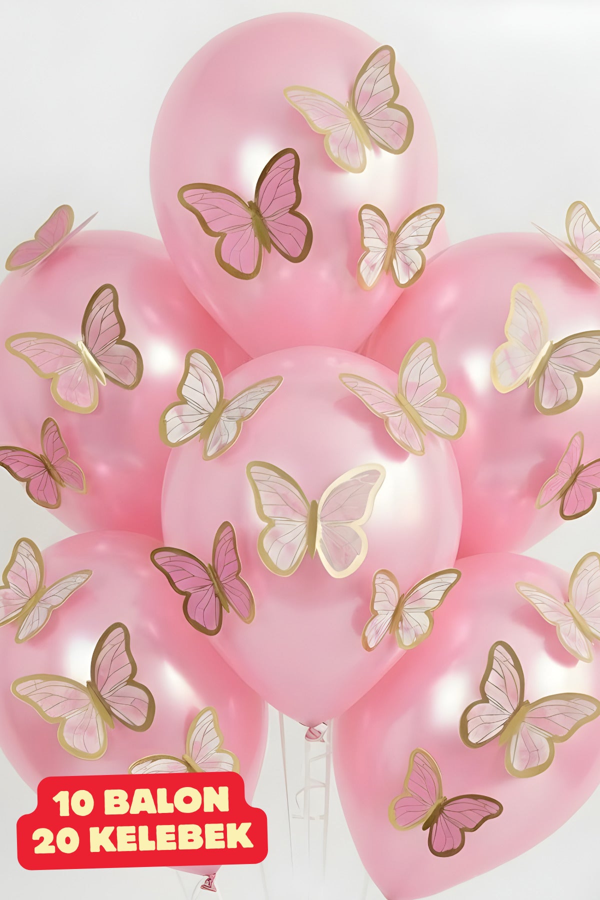 10 Adet Parlak Pembe Balon 20 Pembe Yapışkanlı Kelebek Doğum Günü Balonları Kelebekli Balon