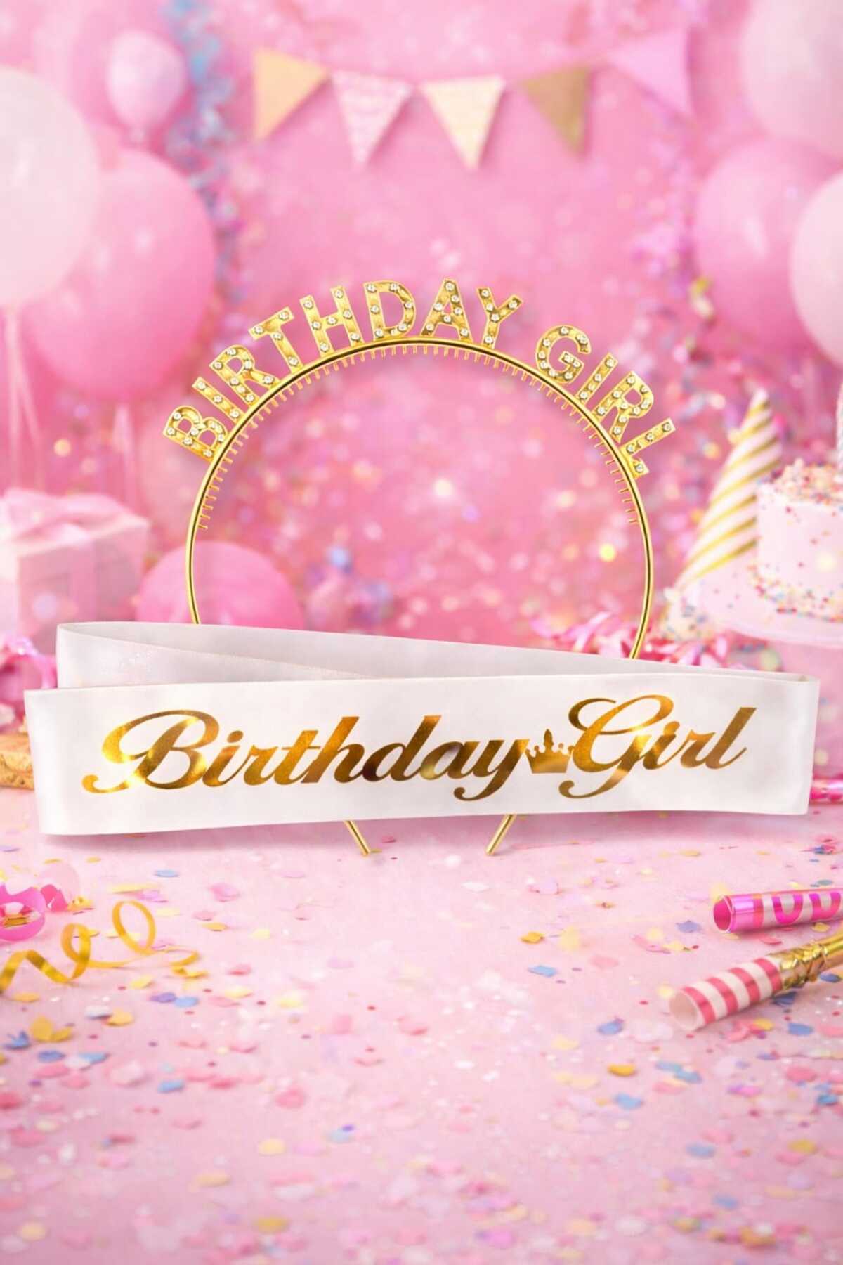 Birthday Girl Yazılı Kuşak Ve Birthday Girl Yazılı Plastik Taç & Beyaz Altın Kuşak Altın Taç