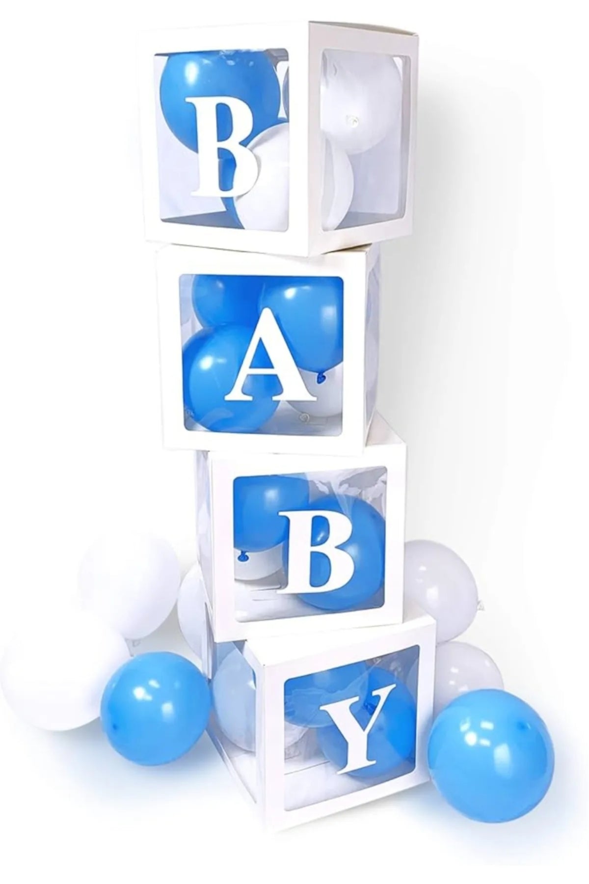 Doğumgünü Hastane Odası Süsleme Baby Yazılı Mavi Beyaz Balonlu Şeffaf Balon Kutusu BABY