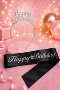 Happy Birthday Yazılı Metal Taç Ve Kuşak & Siyah Gümüş Kuşak Gümüş Taç