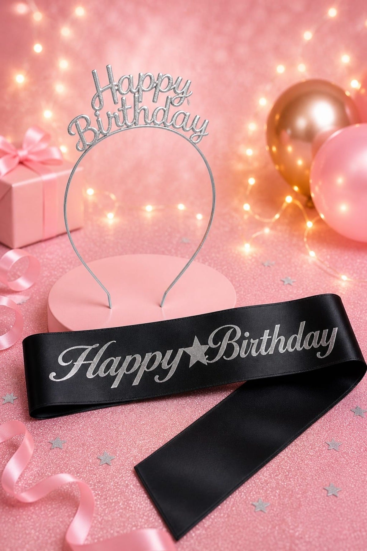Happy Birthday Yazılı Metal Taç Ve Kuşak & Siyah Gümüş Kuşak Gümüş Taç