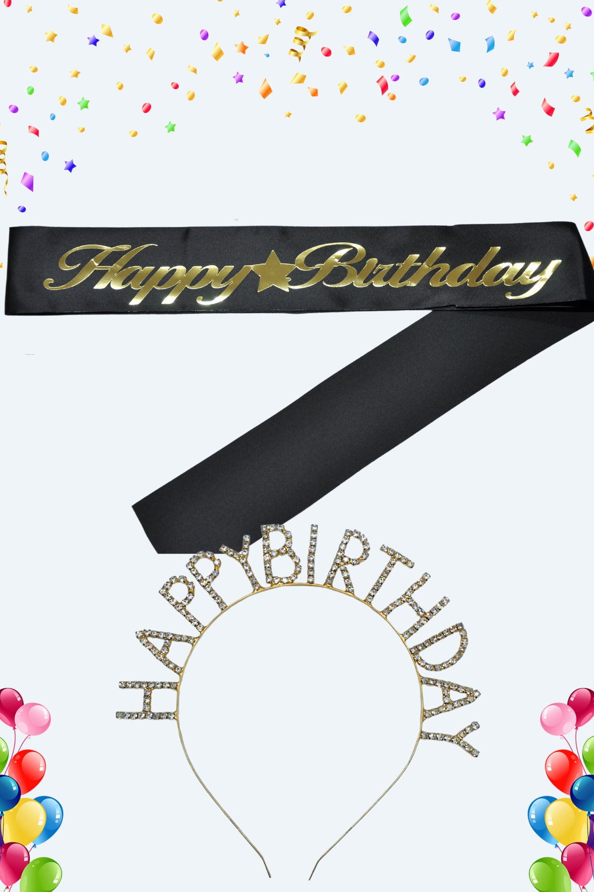 Happy Birthday Yazılı Kuşak Ve Taşlı Taç & Siyah Altın Kuşak Taşlı Altın Taç
