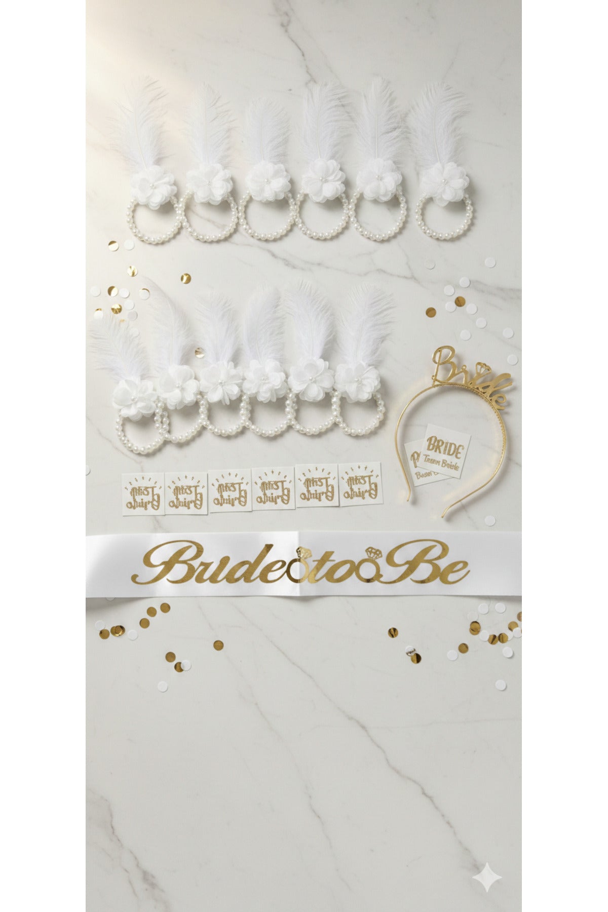 BEYAZ GOLD BRİDE KUŞAK TAÇ VE 10 ADET BİLEKLİK