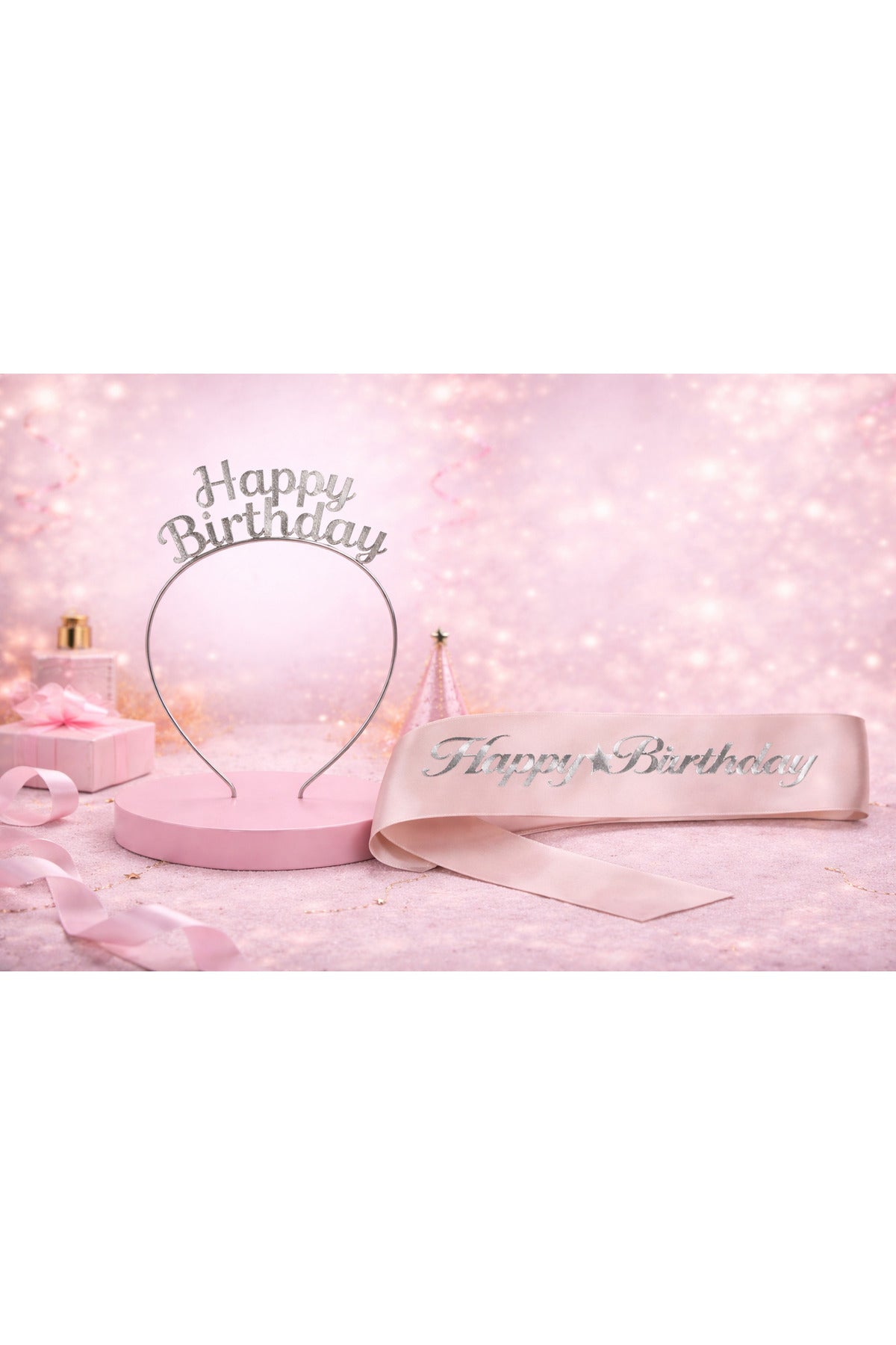 Happy Birthday Yazılı Metal Taç Ve Kuşak & Pembe Gümüş Kuşak Gümüş Taç