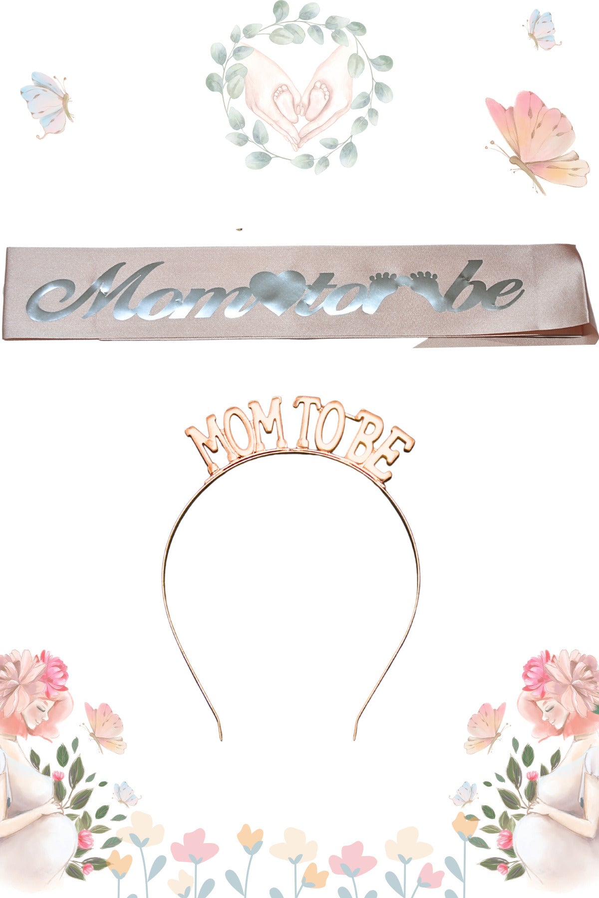 Mom To Be Metal Taç Ve Kuşak & Baby Shower Set & Pembe Gümüş Kuşak Rose Taç