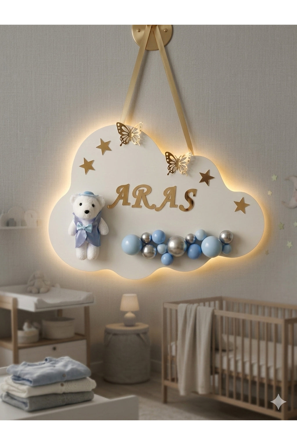 İstediğiniz Ismi Yazıyoruz - Bubble Ayıcıklı Ledli Bulut Bebek Kapı Süsü