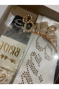 Bride Temalı Gold Taşlı Metal Taç,Kuşak,Dövme ve Bileklik Seti Kutulu