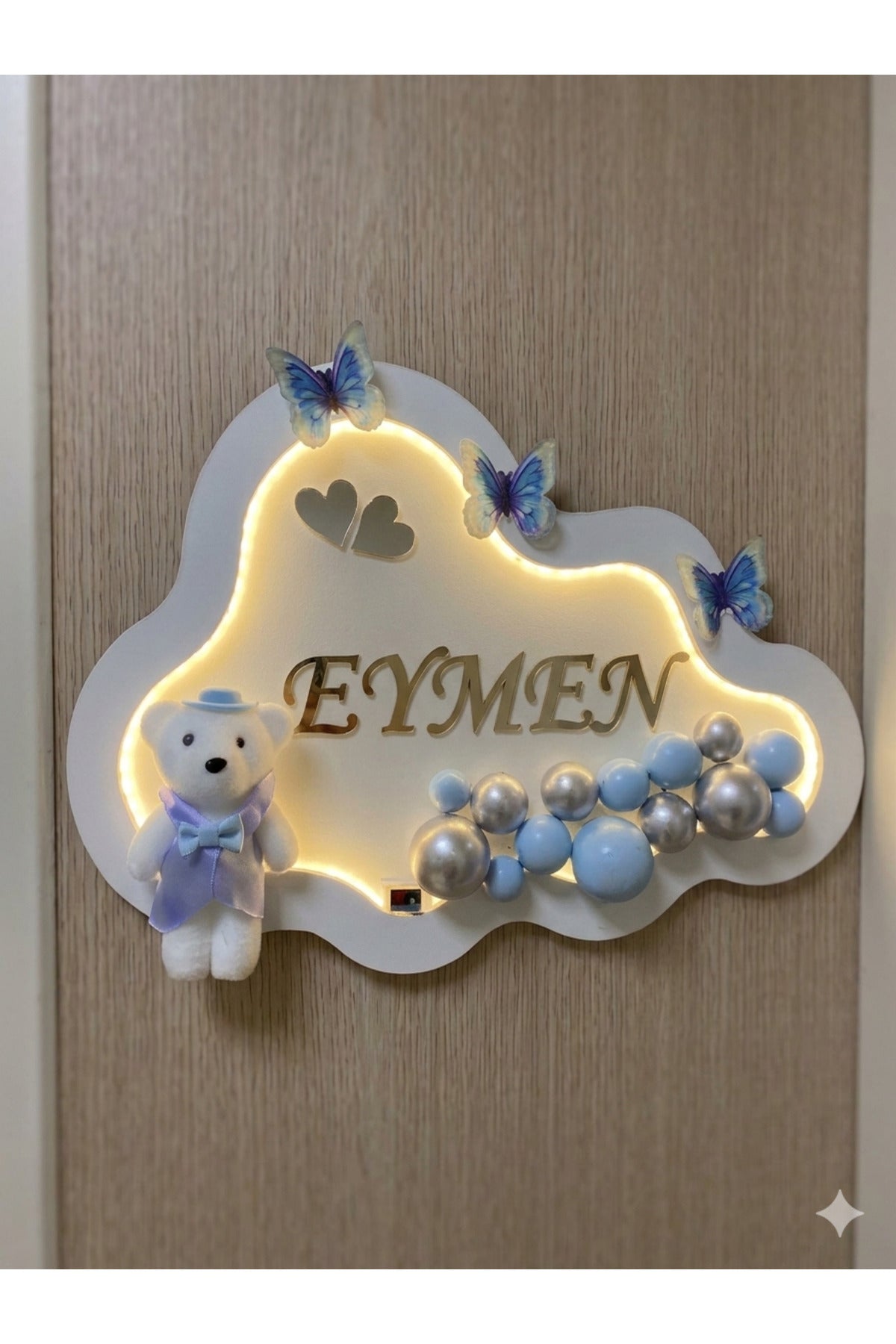 Mavi Bubble Ayıcıklı Ledli Bulut Bebek Kapı Süsü | Özel isimli