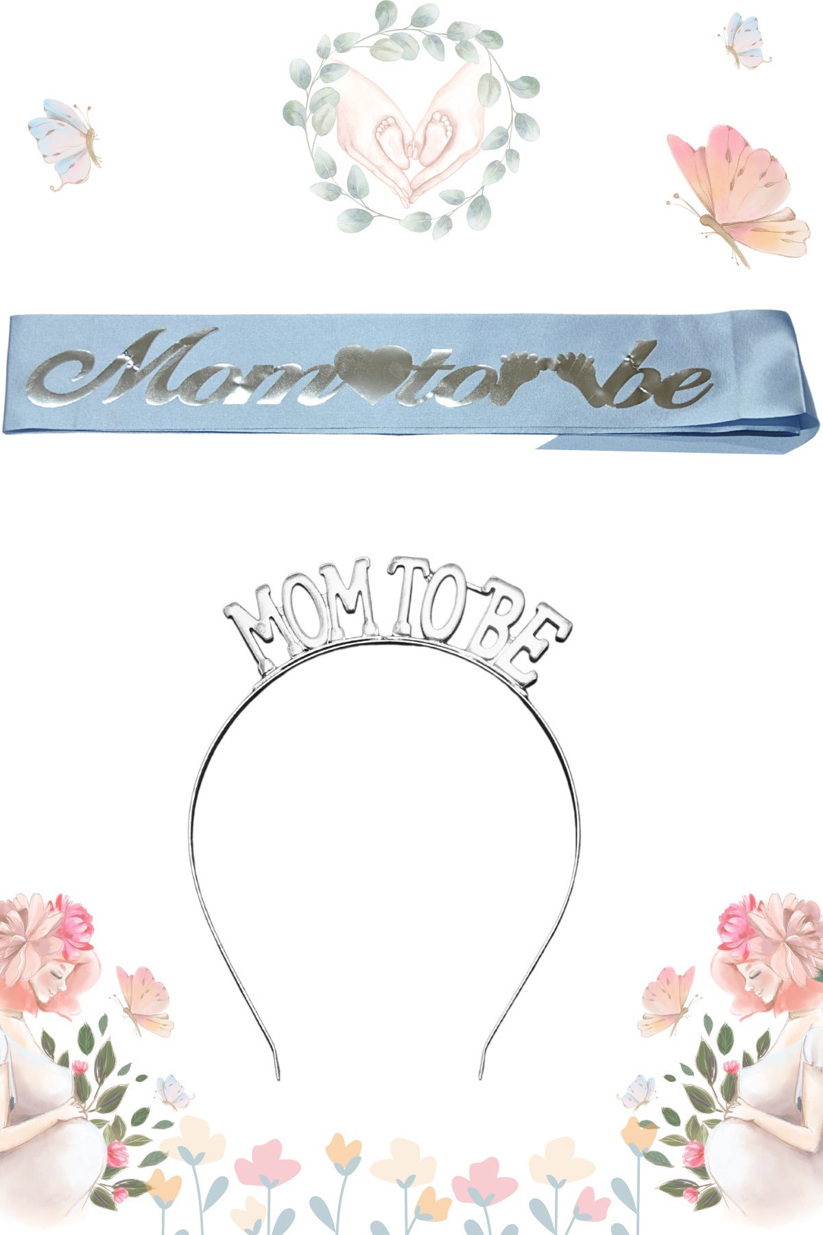 Mom To Be Metal Taç Ve Kuşak & Baby Shower Set & Mavi Gümüş Kuşak Gümüş Taç