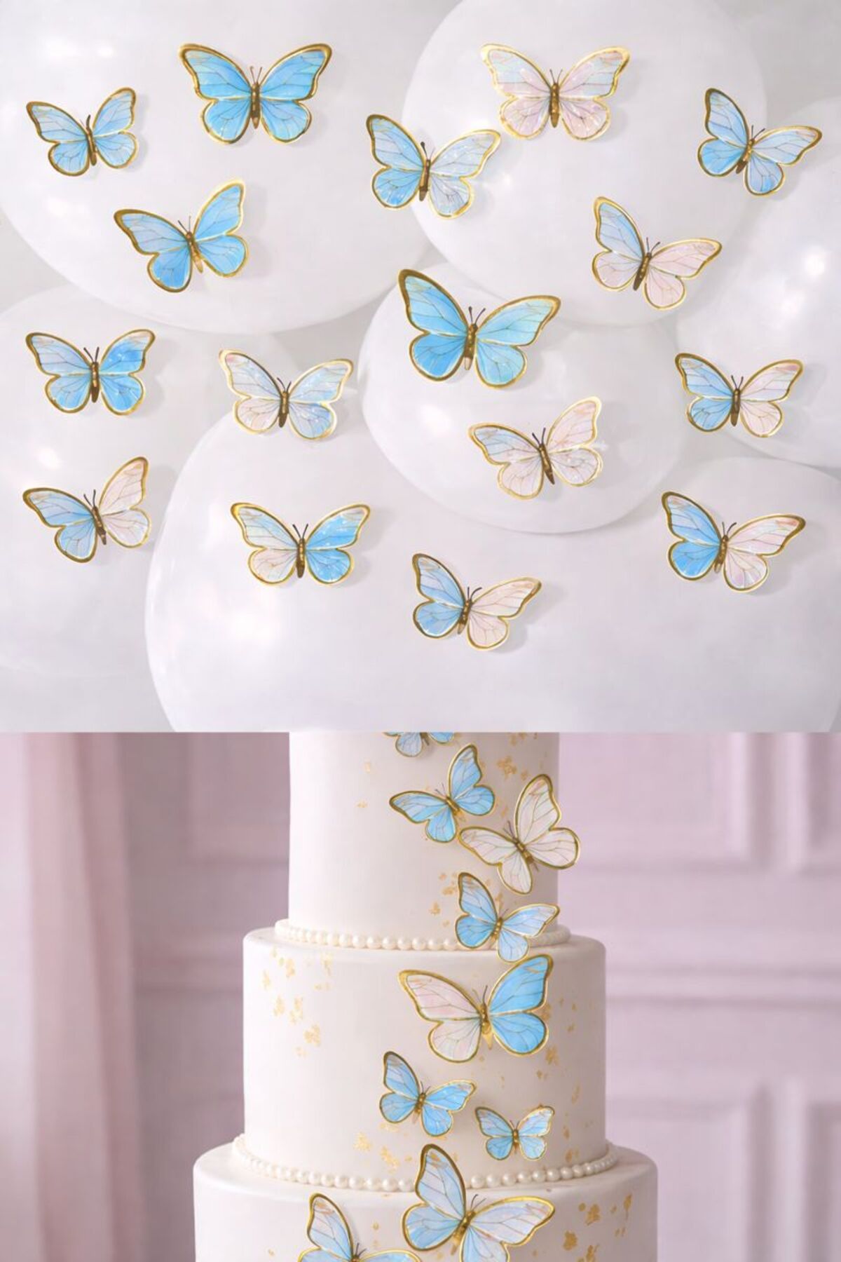 63 Adet 4-5 Cm Mavi Altın Yaldızlı Kelebek Pasta Balon ve Duvar Sticker Doğum Günü Süs