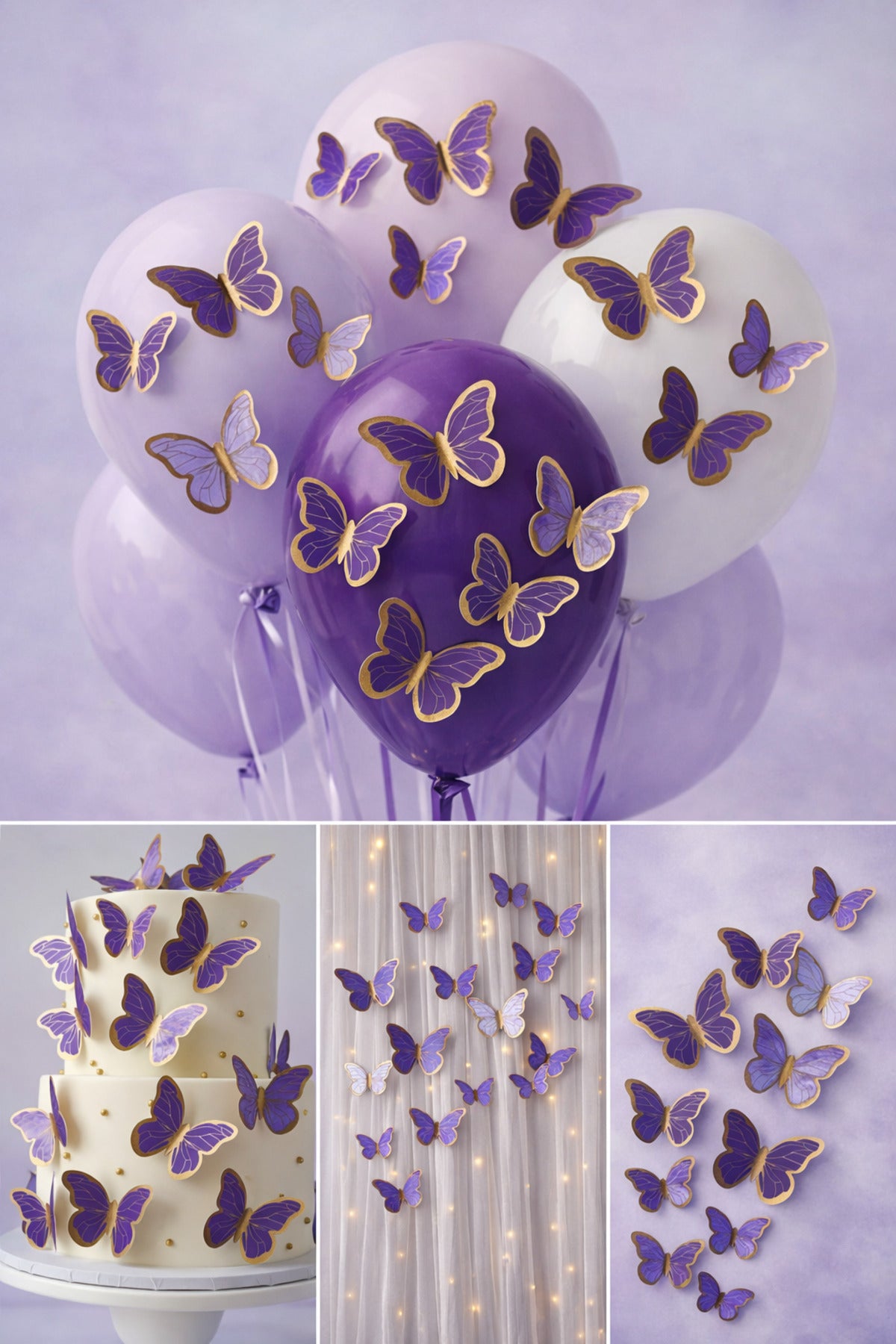 63 Adet 4-5 Cm Mor Altın Yaldızlı Kelebek Pasta Balon ve Duvar Sticker Yapışkanlı Doğum Günü Süs
