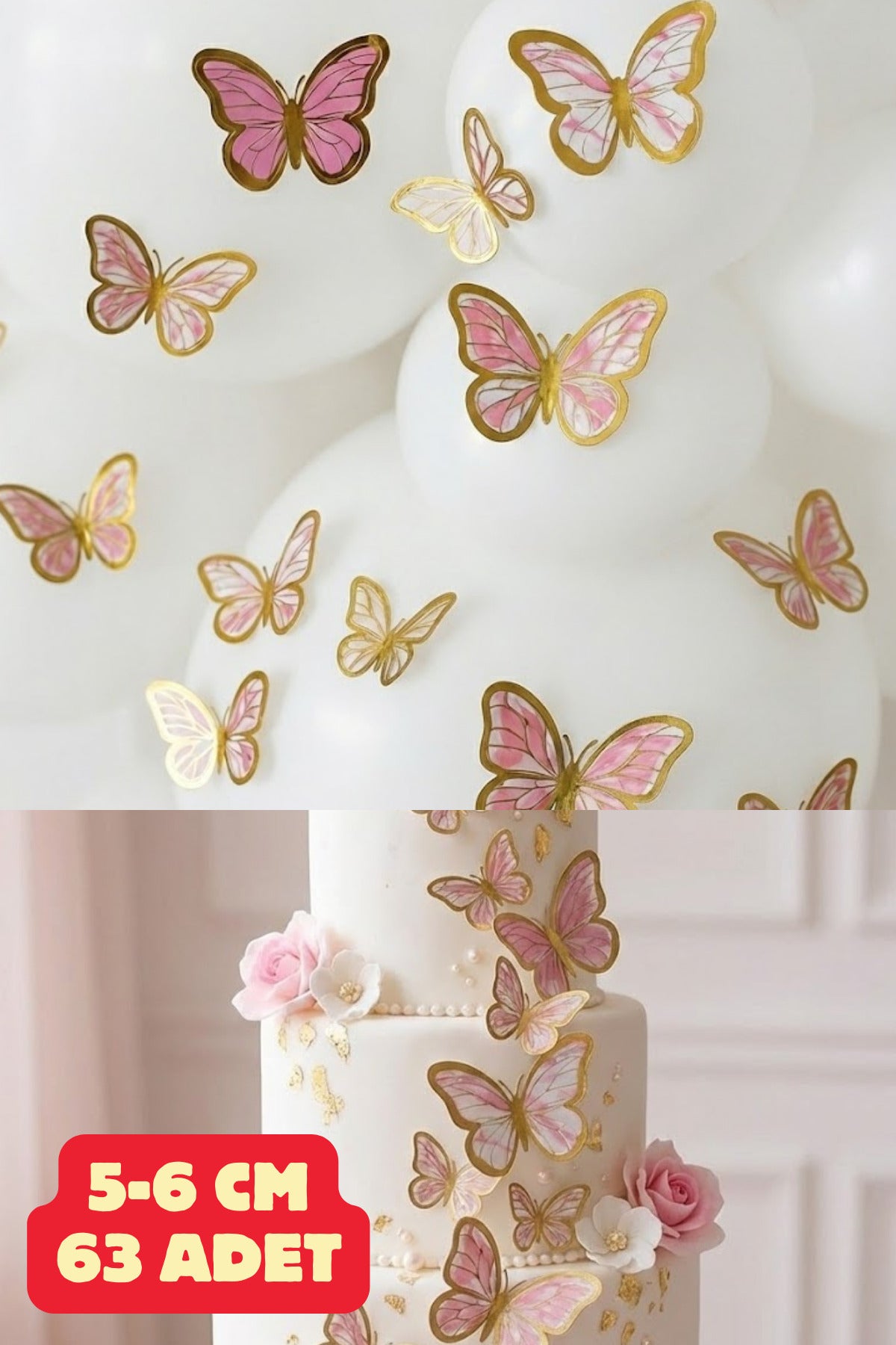 63 Adet 4-5 Cm Pembe Altın Yaldızlı Kelebek Pasta Balon ve Duvar Sticker Doğum Günü Süs